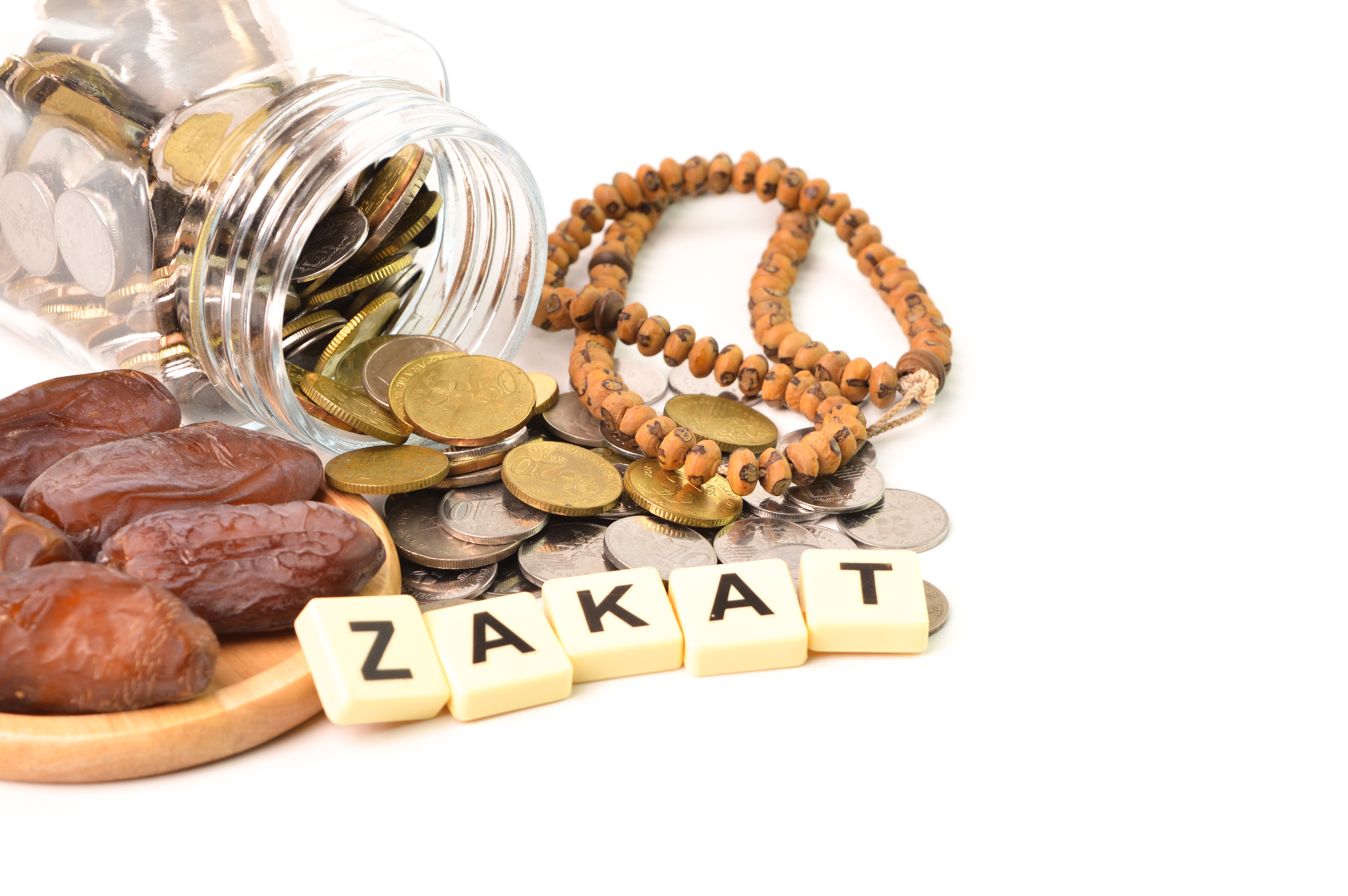 zakat-word-with-stack-of-coins-prayer-beads